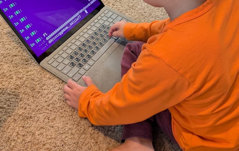 The first version of Purple: an old laptop showing a plain purple terminal
